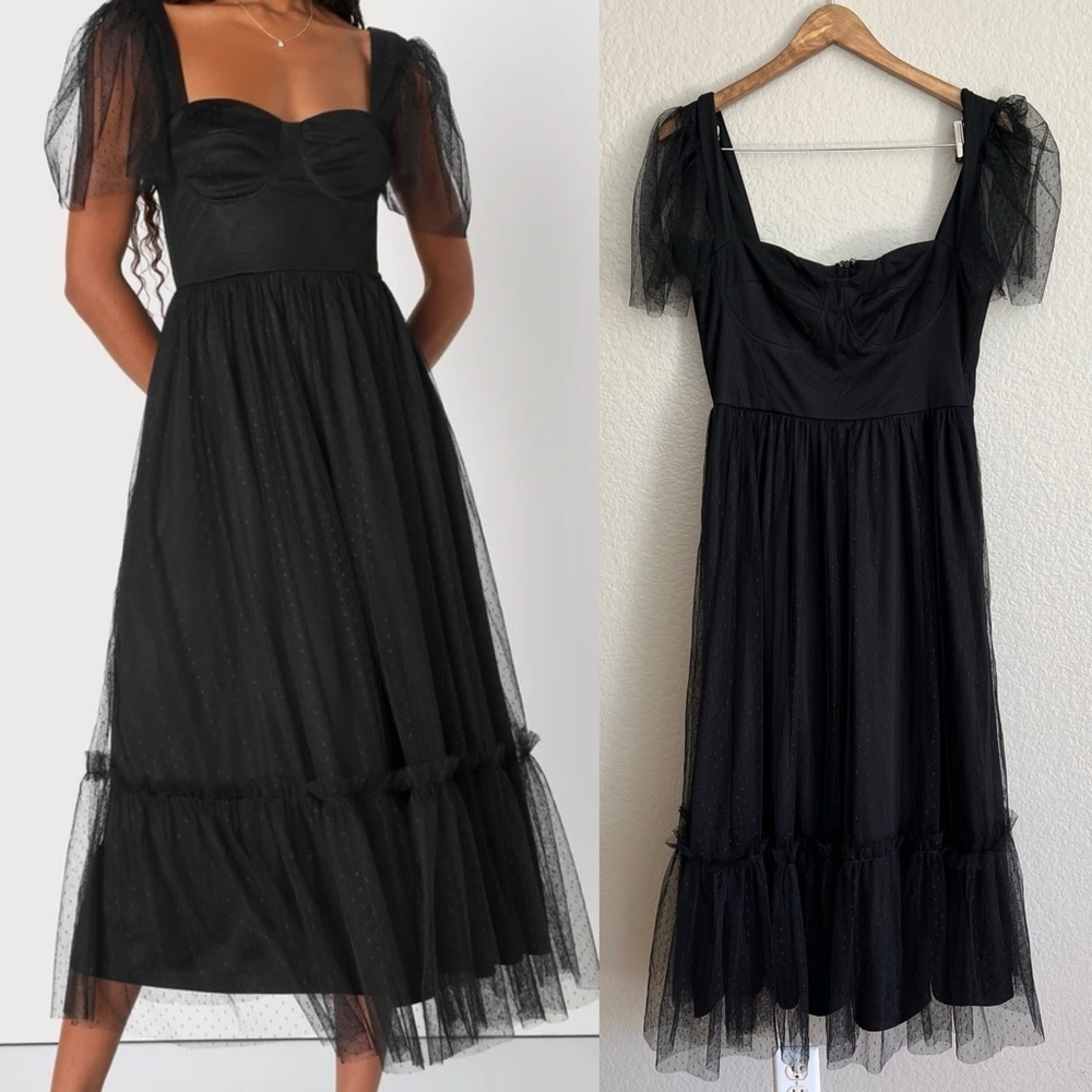 NWOT Dreamy Celebration Black Tulle Bustier Swiss Dot Midi Dress
